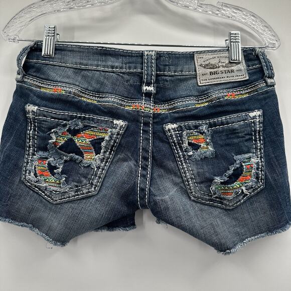 Big Star Shorts Womens 24 Blue Denim Jean MulticolorNeon Embroidered Distressed - Picture 6 of 14